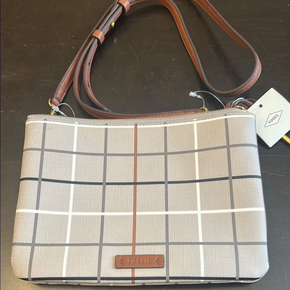 Fossil Brown and Cream Crossbody Bag with Grid Pattern